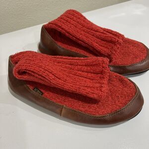 Acorn Wool Knit Boot Slipper Socks Leather Shoes Sz Women 7.5-8.5 Men 6-7 Red